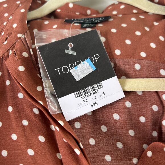 Topshop Brown Cream Polka-Dot 3/4 Sleeve Front Button Pleated Slit Maxi Dress 2 - Picture 9 of 14